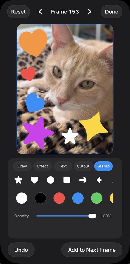 A real KineoFrame frame with heart, star, and sparkle Stamp shapes added in several colors, shown inside the Create screen with the shape picker, color picker, and opacity slider visible.