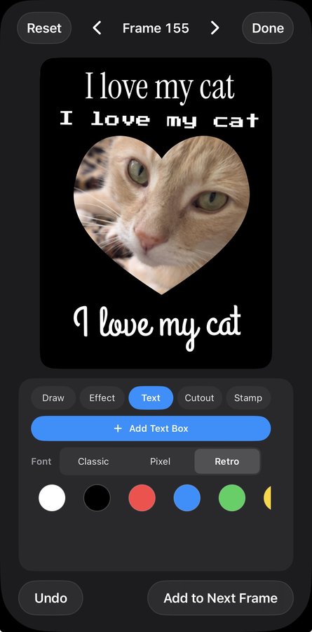 A real KineoFrame frame showing the Text tool with Classic, Pixel, and Retro font options applied to the same caption, plus a heart-shaped Cutout of the cat photo.